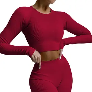 Conjunto de Yoga acanalado sin costuras para mujer, ropa de gimnasio, conjuntos de entrenamiento de Yoga, Top corto de manga larga, Leggings, ropa deportiva, 2 uds.