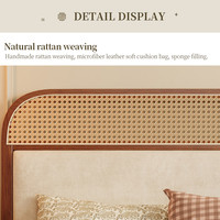Cadre de lit moderne en bois massif avec tête de lit en rotin et cuir, lit plateforme vintage français taille Queen pour chambre principale design