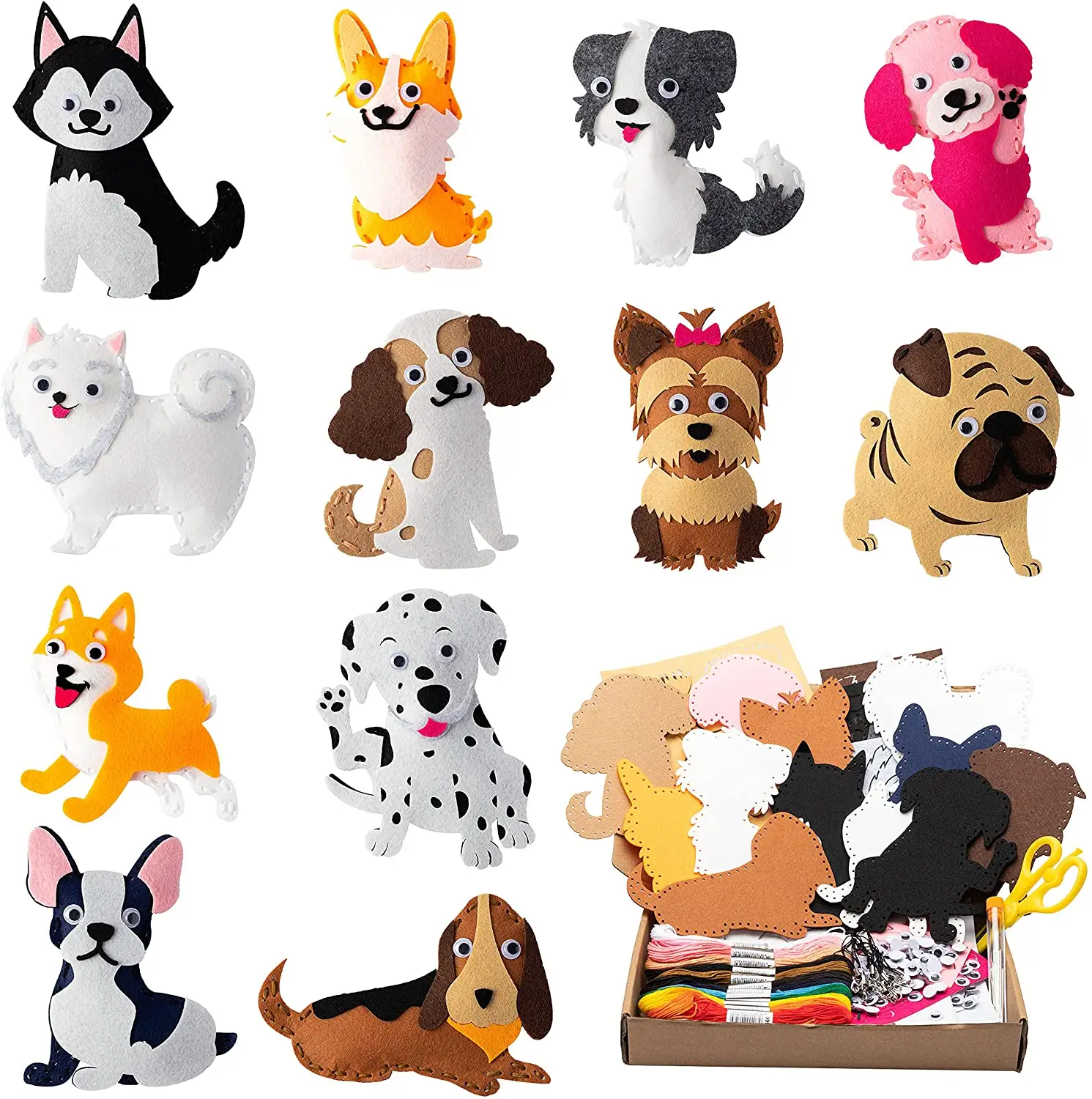 12Pcs पिल्ला कुत्तों भरवां महसूस किया शिल्प DIY सिलाई शिल्प किट शुरुआती के लिए बच्चे लड़कों लड़कियों कुत्ते के खिलौने कला परियोजना खेल जन्मदिन का उपहार