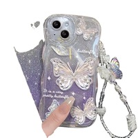 Housse Bcak en forme de vague avec lanière pour Apple 16 Pro Max Design papillon mignon étui transparent à paillettes antichoc pour iPhone 15