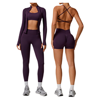 Ensemble de yoga sans couture 4 pièces pour femme : veste de sport, soutien-gorge dos croisé, short cycliste, leggings taille haute – Ensemble de vêtements de sport personnalisé OEM