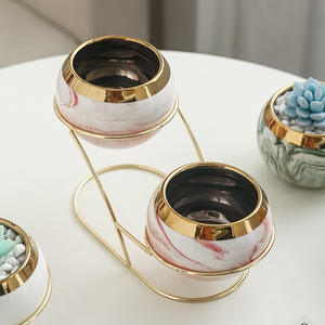 Maceta redonda de cerámica chapada en oro de mesa con logotipo personalizado, maceta de cactus suculenta con soporte doble de hierro - Product Image 3