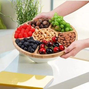 Bandeja Redonda de Bambú para Frutas 30x30x1.5cm, Plato para Servir Bocadillos con Cinco Compartimentos, Multifuncional, Apto para Contacto con Alimentos - Product Image 1