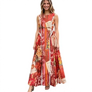 Robe longue élégante bohème à imprimé floral, sans manches, coupe trapèze, taille empire, en mousseline avec bordure en dentelle, pour femme, décontractée, été/printemps - Product Image 2