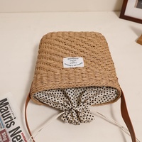 Sac seau en paille tressée mignon pour femme avec diamants et fermeture à cordon de perles, doublure en coton - Style frais pour les vacances à la plage
