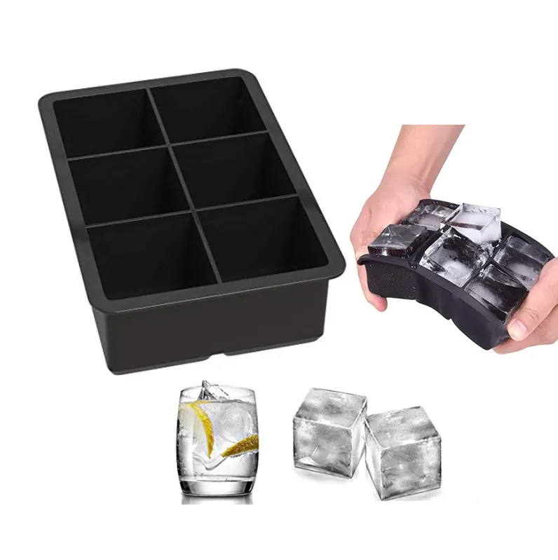 Moule à glace en silicone clair, pour jumbo carré, grand, logo personnalisé avec impression, plateau de cube à glace, 6 cavités, vente en gros