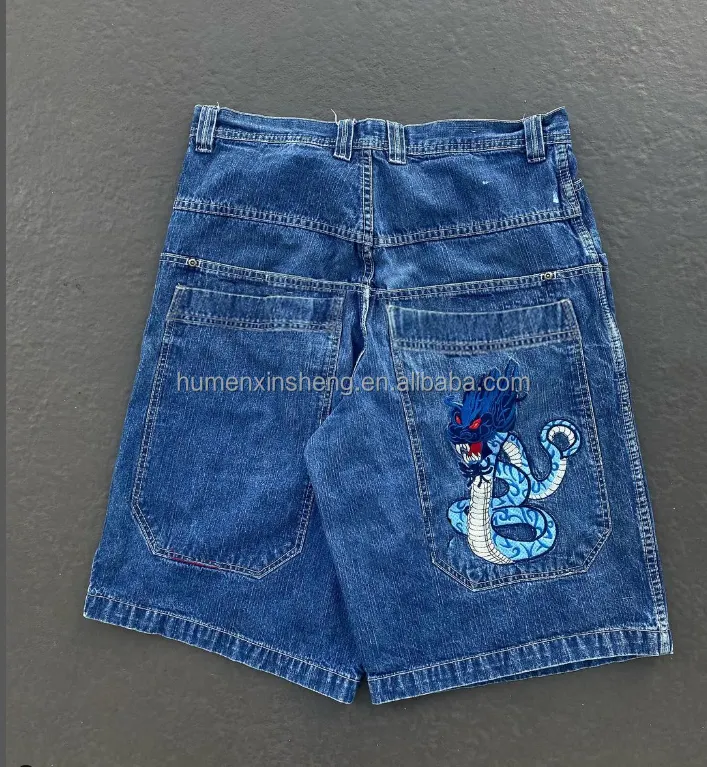 Shorts jeans para homens, calças jeans bordadas de animais largas, com logotipo personalizado, fabricante de verão, pernas retas azuis, para homens