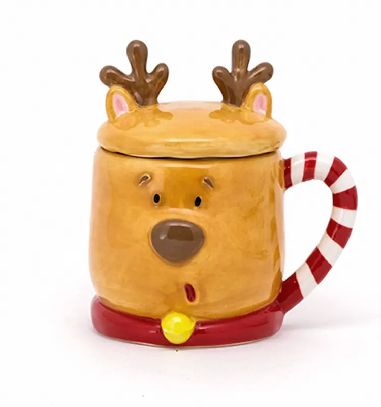 3D Deer shaped Ceramic Coffee Mugs Christmas Gift with Lid and Handpainting