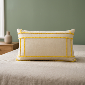 Housse de coussin rectangulaire décorative en lin de qualité supérieure avec passepoil jaune contrastant, détail de bordure, élégant coussin d'appoint - Product Image 4