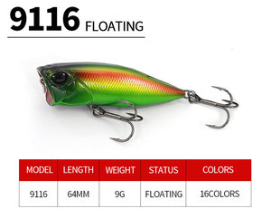 เหยื่อปลอมแบบ Popper ขนาด 64 มม. น้ำหนัก 9 กรัม เหยื่อแข็งแบบลอยน้ำ เหยื่อตก<span class=keywords><strong>ปลา</strong></span>ผิวน้ำ สำหรับตก<span class=keywords><strong>ปลา</strong></span>แบส <span class=keywords><strong>ปลา</strong></span>คัลเตอร์ <span class=keywords><strong>ปลา</strong></span>อัลบูร์นัส ตก<span class=keywords><strong>ปลา</strong></span>ในลำธารและน้ำจืด - Product Image 2