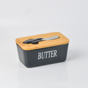 Caja de mantequilla de cerámica nevera caja de mantequilla de queso <span class=keywords><strong>rectangular</strong></span> con cuchillo y tapa de madera - Product Image 6