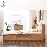 Lit double 1,8 m en chêne massif, style nordique moderne et minimaliste, avec tiroirs et système de levage à vérin pour rangement intégré