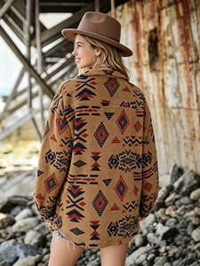 Chaqueta de Forro Polar con Estampado Azteca Vintage para Mujer, Estilo Occidental, Cuello Solapa, Bolsillos Grandes, Manga Larga, Informal - Product Image 3