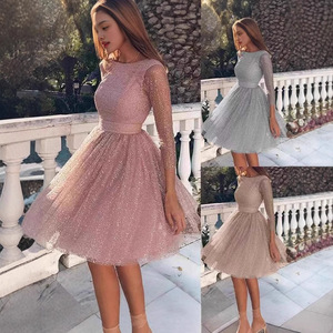 Vestido de cóctel de manga larga brillante para mujer, cuello redondo, lentejuelas, ajustado y elegante para fiesta - Product Image 2