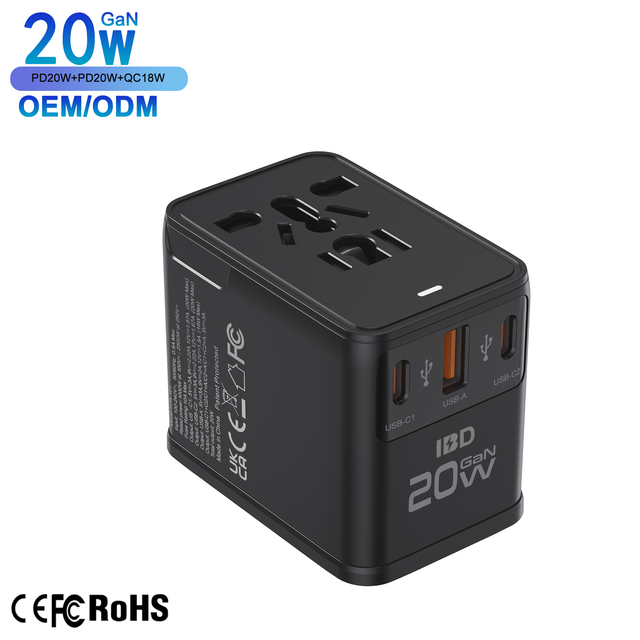 IBD GaN PD 20W QC3.0 Laptop Universal Travel Adapter 3-Port 1 USB + 2 Type-C EU/UK/US/AU Plugs Fast Charging