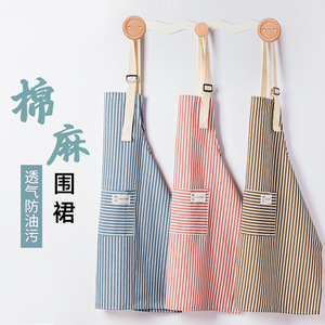 Tablier en coton et lin rayé, résistant à l'huile, pour la cuisine, les travaux ménagers, usage quotidien - Product Image 2