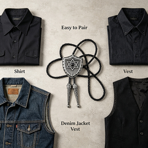 Cravate Bolo Western Vintage pour Homme, Pendentif Bouclier, Pierre Noire, Motif Étoile, Cordon en Cuir Tressé, Accessoire Décontracté pour Chemise - Product Image 4