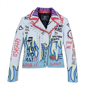 Women's <b>Leather</b> Moto <b>Jacket</b> Full Sleeve Hand Painted Dripping Print Rivet Collar Zipper Closure Turn-down Autumn Style Fully - Product Image 1