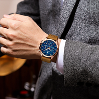 Montre à quartz pour homme Poedagar 628, chronographe, cadran bleu, bracelet en cuir, montre étanche, calendrier lumineux, montre de sport