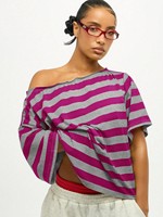 T-shirt rayé à épaules dénudées pour femmes, coupe ample, tricoté, manches courtes, streetwear d'été