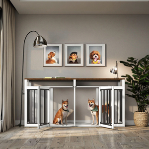 Mobile TV e Cuccia per Cani in Legno Massello Stile Modern Farmhouse, 4 Porte con Serratura, Grande Capacità per 2 Cani, Bianco, Arredamento <span class=keywords><strong>Soggiorno</strong></span> HY - Product Image 4