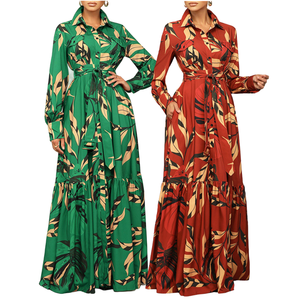 C8565 Último diseño Moda Otoño Vestidos Mujer Casual Solapa Correa Estampado Manga larga Vestido largo Mujer Camisa Vestido - Product Image 1