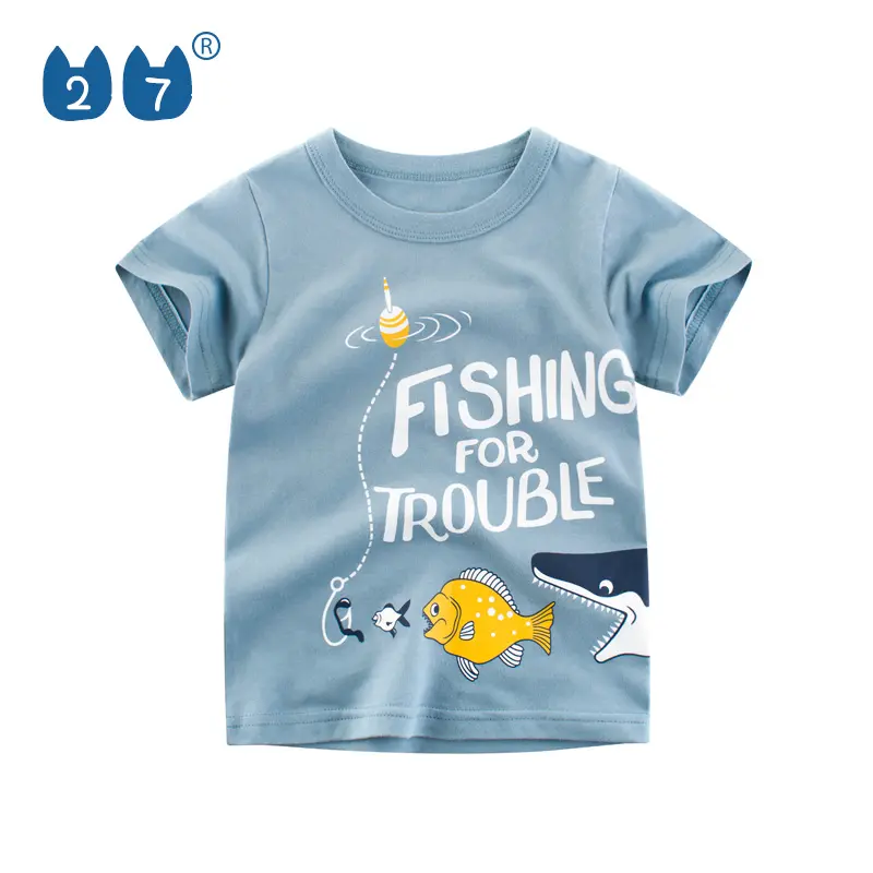 Bulk Shark Blue Color Knitted Eco-friendly Short Sleeve T-Shirt For Kids Boys