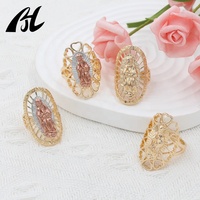Bague en or 14 carats avec cœur de fleur de cerisier de la Vierge Marie - Bijoux en laiton chrétien à trois couleurs de la Vierge de Guadalupe