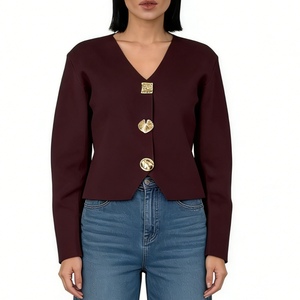 เสื้อคาร์ดิแกนถักคอวีชายไม่สมมาตรสำหรับผู้หญิง - เสื้อสเวตเตอร์แขนยาวติดกระดุมสีทองแฟชั่น - Product Image 3