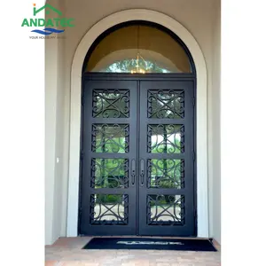 Suppliers Double 60x80 Ft Front Mother Son Security Entry Wrought Iron Door With Side Panels