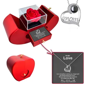 Wholesale Eternal Flower Apple Jewelry Box For Mother's Day Gift Idea With Infinity Forever Preserved Rose Box With Mom Necklace