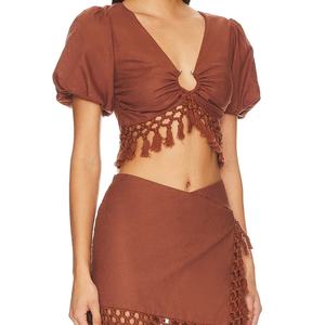 Conjunto de Dos Piezas de Ropa de Playa Sexy para Mujer, Falda de Playa Mini de Crochet, Estilo Bohemio, con Borlas, 100% Algodón - Product Image 2