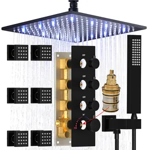 Trần núi mưa 16inch LED vòi hoa sen đầu dòng chảy lớn Brass 3 cách tĩnh nhiệt màu đen đầy đủ vòi hoa sen máy bay phản lực hệ thống thiết lập