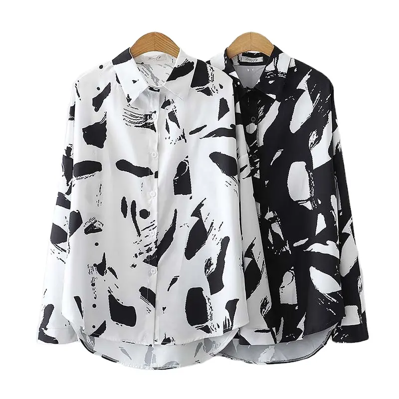 Japanese Korean Blouses Women Print Chiffon White Black Blouse Shirt Loose Long Sleeve Tops