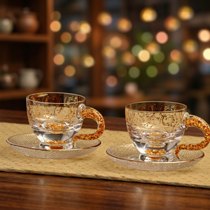 Crystal Glass <b>Cups</b> and <b>Saucers</b> Set of 2 with Gold Foil Flakes Handle Vintage Design for Party Presents Afternoon Tea - Product Image 3