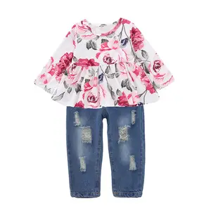 Panjang Lengan Pendek Bayi Perempuan Pakaian Boutique Balita Gadis Pakaian Mawar Bunga Atas + Denim Sesuai 1-4T Anak-anak Pakaian Set