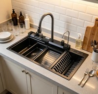 Évier de cuisine multifonction en acier inoxydable 304 noir nano, fait main, double bac, avec robinet à quatre trous, accessoires d'évier de cuisine moderne