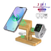 Stasiun Pengisian Daya Nirkabel 3 in 1 Bambu 15W Pengisi Daya Cepat untuk iPhone Samsung dengan Logo Kustom