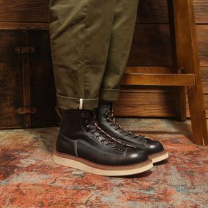 Casual Boots for Men Genuine Leather Work Boots Retro Style Warm & <b>Height</b> <b>Increasing</b> Black British Style Color-Block Trendy - Product Image 2