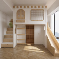Lit mezzanine enfant en bois moderne sur mesure avec toboggan, mur d'escalade, fonctions de sécurité et rangement pour chambre de garçon