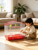 Cage à oiseaux décorative rouge avec toit, en fil métallique durable thermolaqué, perchoirs en bois et mangeoires transparentes pour animaux de compagnie