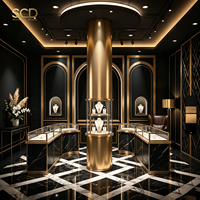 Ensemble de présentoirs de luxe noir et or pour bijouterie, vitrine en verre avec éclairage LED, comptoir en marbre, mobilier de présentation pour boutique de détail