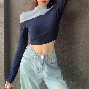 <span class=keywords><strong>Crop</strong></span> <span class=keywords><strong>top</strong></span> à manches longues t-shirt <span class=keywords><strong>blanc</strong></span> pour les femmes t-shirt à deux tons couleur bloc t-shirt dames - Product Image 6