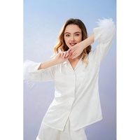Fung 6025 6029 NOUVEAU 2022 Pyjama de demoiselle d'honneur en plumes blanches de luxe, vêtements de nuit en satin, PJS à manches longues