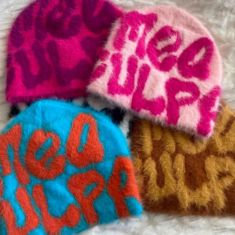 Beenies sombreros personalizados con logotipo Y2K acrílico de alta calidad de punto de lana de Cachemira Premium Mea Culpa Jacquard Mohair Beanie