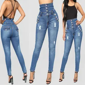 Pantalones vaqueros de Mujer Pantalones de botón de cintura alta ajustados personalizados Diseño Skinny Tallas grandes Jeans colombianos para mujer