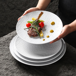 Xiangyuan <b>melamine</b> tableware <b>plates</b>, white, high-end stone-patterned shallow relief grilled meat plating, Western-style salad - Product Image 1
