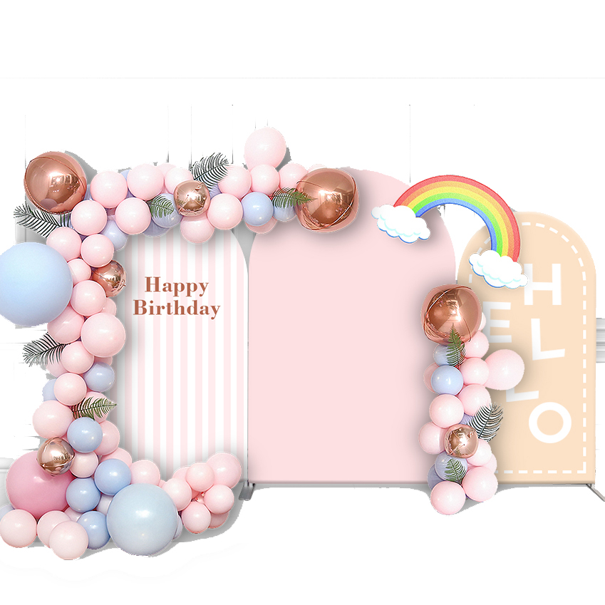 Алюминиевая тема на заказ, 3 шт., розовая настенная арочная рамка, фоновая стойка, с днем рождения, с тканью и чехлами для детской вечеринки