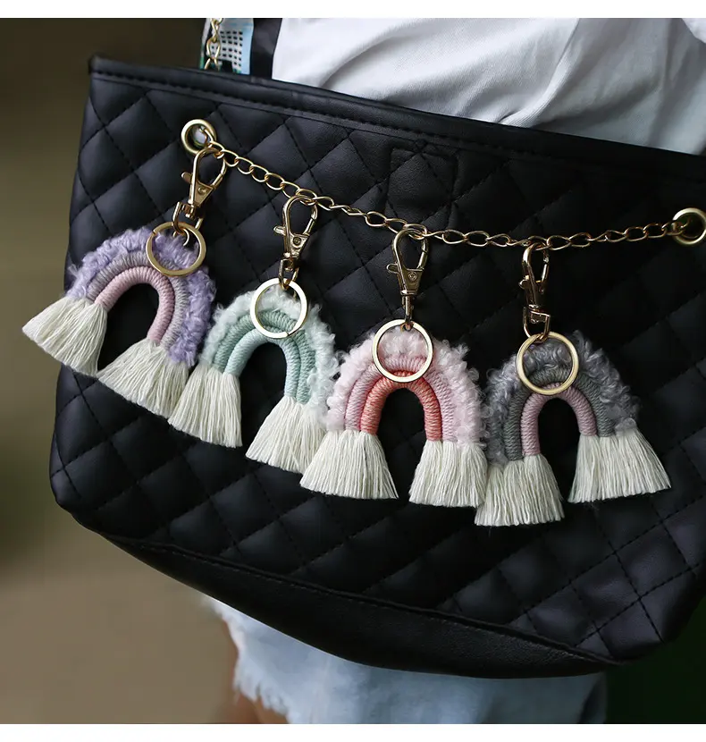 8 llaveros de arcoíris tejido de macramé borla de arcoíris llavero bohemio para mujer bolso cartera monedero encanto decoración colgante