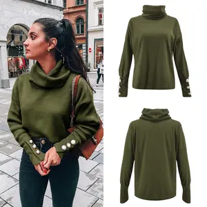 Grosir Sweater Kerah Tinggi Musim Dingin Wanita, Atasan Rajut Longgar Leher Tinggi Warna Polos